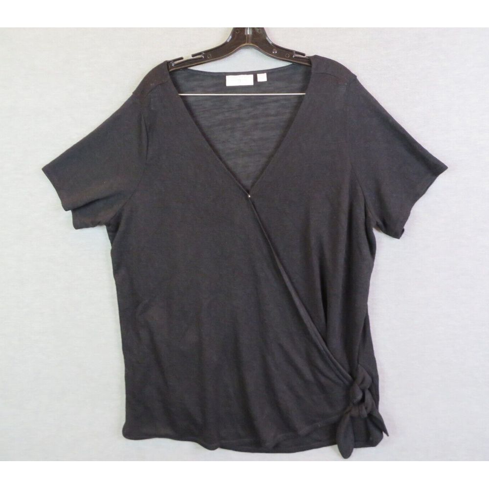 Belle By Susan Gravel 2X Black Short Sleeve V Neck‎ Knit Wrap Side Tie Blouse